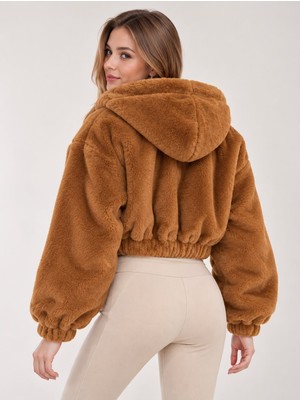 Peluş Oversize Crop Kadın Kapüşonlu Mont