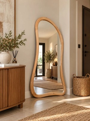 Effe Yapı Dekor Doğal Ahşap Çerçeveli 180X80 cm ( Naturel ) Ayaklı Boy Aynası
