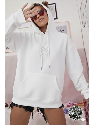 NO 601 Kadın  Fiyonk Trock Taşlı Kapşonlu Kışlık Sweat