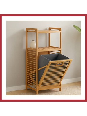 Bezos 2 Katlı Bambu Çamaşır Sepeti Önden Çek-Aç Organizer 40X35X95 cm Strsnl