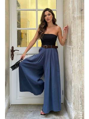Nana & Mayka Moda Kadın Indigo Mavi Modal Yüksek Bel Bol Paça Kemerli Pantolon Etek