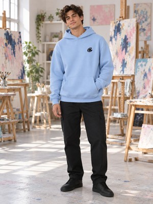 Hai Collection Haı Collectıon Erkek Mavi Oversize Kapüşonlu Sweatshirt Palet Nakışlı Pamuklu Hoodie