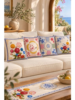 Cango Home Royal Garden Çiçek ve Kuş Desenli 4'lü Kırlent Kılıfı 1 Runner Seti 4KMBS344-RS