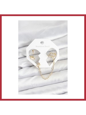 Bezos Pirinç Gold Renk Uzay Model Zincir Bağlantılı Ear Cuff Küpe Seti Strsnl