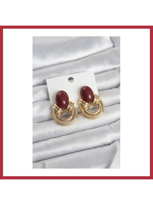 Bezos Pirinç Gold Renk Bordo Taşlı Vintage Kadın Küpe Strsnl