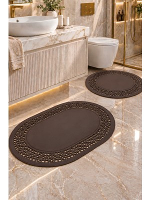 Melena Carpet 2’li Banyo Paspas Seti Kaymaz Taban Suya Dayanıklı Özel Lazer Kesim Oval ve Yuvarlak Banyo Halısı