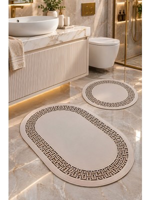 Melena Carpet 2’li Banyo Paspas Seti Kaymaz Taban Suya Dayanıklı Özel Lazer Kesim Oval ve Yuvarlak Banyo Halısı