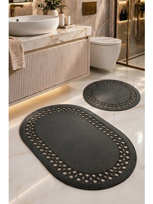 Melena Carpet 2’li Banyo Paspas Seti Kaymaz Taban Suya Dayanıklı Özel Lazer Kesim Oval ve Yuvarlak Banyo Halısı