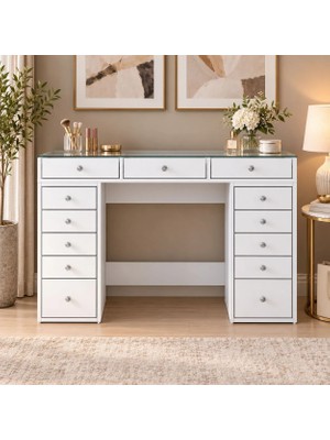 Rani BJ105 Beyaz Makyaj Masası 13 Çekmeceli Cam Tablalı Suntalam Malzeme ile Modern Tasarım