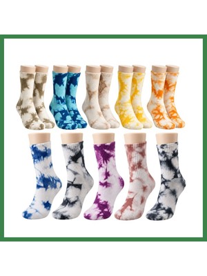 Bezos Unisex Batik Spor Çorap 10'lu Set Tie Dye Tenis Çorabı Koyu Retro Renkler Günlük Rahat Konforlu Stil BEZOS16