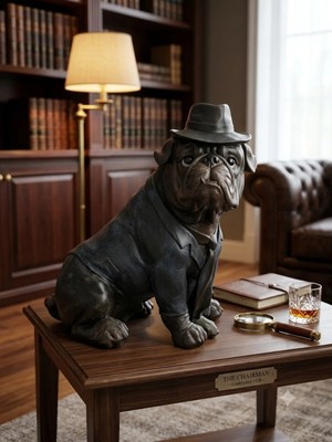 Hediye İşleri Şapkalı ve Takım Elbiseli Dekoratif Bulldog Köpek Biblosu - Büyük Boy Karizmatik Dekoratif Obje