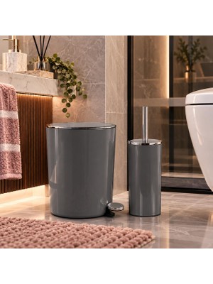 Primanova Lenox Pedallı 2'li Set Çöp Kovası Ve Klozet Fırçası - Gri