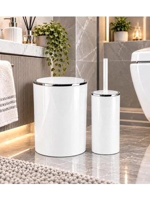 Primanova Lenox 2'li Set Çöp Kovası ve Tuvalet Fırçası - Beyaz