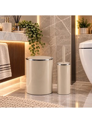 Primanova Lenox 2'li Set Çöp Kovası ve Tuvalet Fırçası - Bej