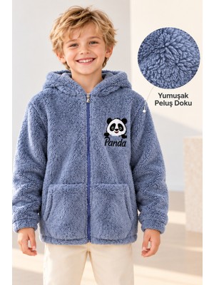 BeeYouStudio Unisex Çocuk Peluş Hırka Içi Dışı Yumuşak Kapüşonlu Fermuarlı Panda Nakışlı