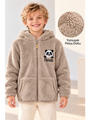 BeeYouStudio Unisex Çocuk Peluş Hırka Içi Dışı Yumuşak Kapüşonlu Fermuarlı Panda Nakışlı