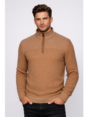 Erkek Triko Yarım Fermuarlı Camel Slim Fit Desenli Pamuklu Knitwear NCS JEANS 3709