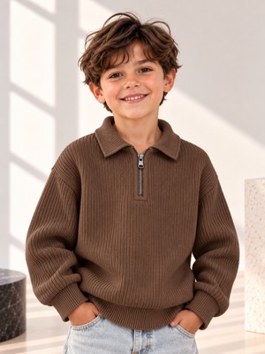 BeeYouStudio Erkek Çocuk Polo Yaka Yarım Fermuarlı Fitilli Triko Sweatshirt – Rahat Kalıp