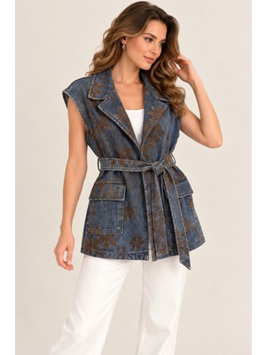 Centilmen Çiçek Desenli Kemerli Denim Yelek  9508