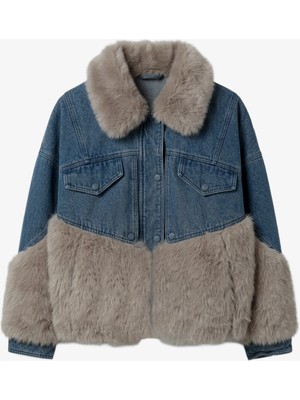Havoş Mavi Peluş Kürk Garnili Denim Mont