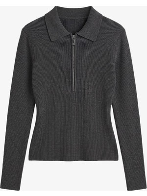 Havoş Füme Yarım Fermuarlı Slim Fit Triko