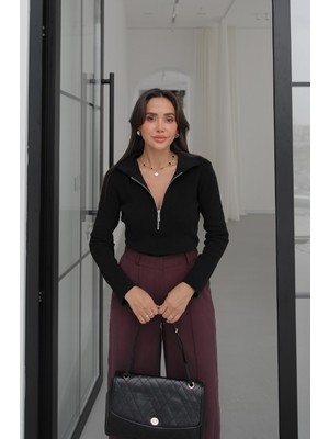 Havoş Siyah Yarım Fermuarlı Slim Fit Triko