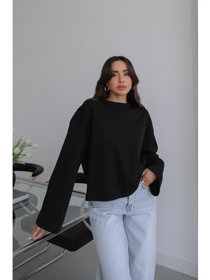 Havoş Siyah Ispanyol Kol Basic Sweatshirt