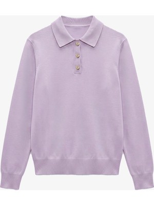 Havoş Lila Button Polo Yaka Kazak