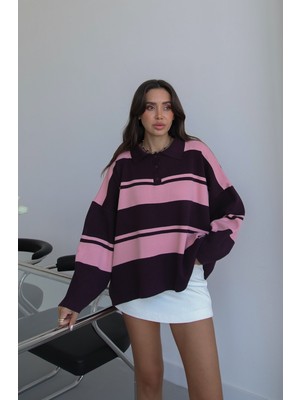 Havoş Mürdüm Kiva Çizgili Oversize Kazak