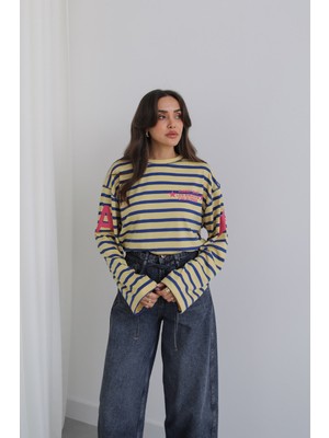 Havoş Sarı Los Angeles Yazı Baskılı Çizgili Sweatshirt