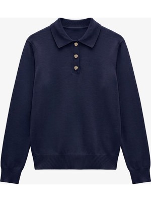 Havoş Lacivert Button Polo Yaka Kazak
