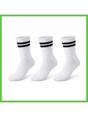 Bezos Unisex Beyaz Çorap Siyah Çizgili 3'lü Set Uzun Soket Günlük Spor Kolej Stil Rahat Kadın Erkek Çorabı Vengners
