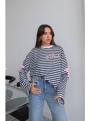 Havoş Pembe Kolları Yıldız Baskılı Çizgili Ince Sweatshirt