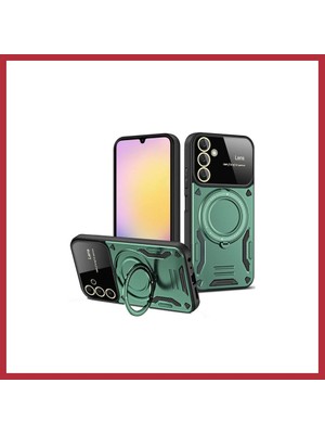 Bezos Samsung Galaxy A35 5g Uyumlu Kılıf Joy Lens Standlı Kapak - Koyu Yeşil Strsnl