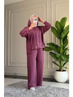 Suede Style 6739 - Şık Rahat Salaş Viskon Yumuşak Modal Kumaş Fermuarlı Kapüşonlu Kadın Takım