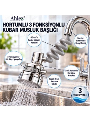 Ahlez Hortumlu 3 Fonksiyonlu Musluk Başlığı - 40 cm Uzayan Esnek Hortum Krom Mutfak Lavabo Musluk Ucu