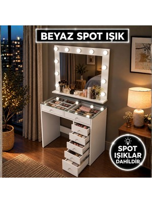 Rani BJ117 Hollywood Işıklı Aynalı Kulis Makyaj Masası Cam Tablalı 7 Çekmeceli Takı Düzenleyici Beyaz