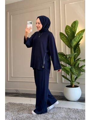 Suede Style 6655 - Şık Rahat Salaş Modal Kumaş Fermuar Detaylı Kadın Takım