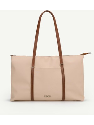 SHAKA Krem - Taba SHK357 Geniş Hacimli,askılı,fermuarlı,günlük Shopper Omuz Çantası