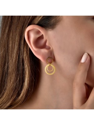 Nox Jewelry 14 Ayar Altın Kaplama 925 Ayar Gümüş Çivili Sallantılı Iç Içe Çift Halka Geometrik Kadın Küpe - E00320