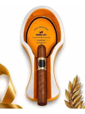 Str Store Lüks Metal Puro Küllüğü - Tekli Taşınabilir Puro Standı ve Kül Tablası, Özel Sarı Tasarım, Premium Puro Aksesuarı ve Erkek Hediye Seti