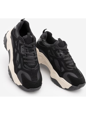 Marjin Kadın Sneaker Kalın Taban Bağcıklı Spor Ayakkabı Pizen Siyah