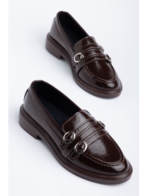 Kadın Acı Kahve Rugan 3 Tokalı Loafer Ayakkabı