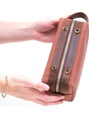 Gillario Design 06 Unisex Kanvas Kumaş+Deri Kiremit-Taba Eskitme Dopp Kit