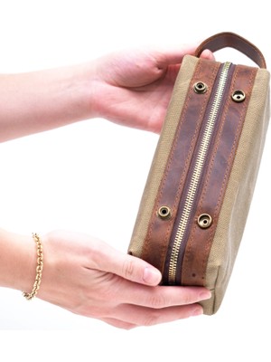 Gillario Design 06 Unisex Kanvas Kumaş+Deri Camel-Taba Eskitme Dopp Kit