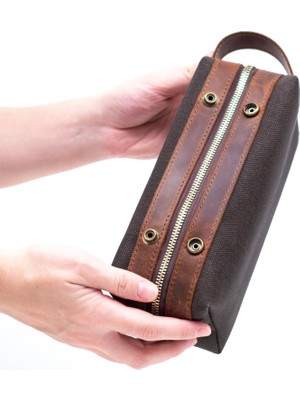 Gillario Design 06 Unisex Suni Kanvas+Deri Mürdüm-Taba Eskitme Dopp Kit