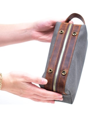 Gillario Design 06 Unisex Suni Kanvas+Deri Gri-Taba Eskitme Dopp Kit
