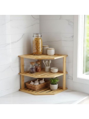 TeknoKapsül Deconox 3 Katlı Doğal Bambu Köşe Rafı - Tezgah Üstü Mutfak ve Banyo Düzenleyici | Baharatlık, Kavanoz ve Dekoratif Rafı (24.5X24.5X23 Cm)