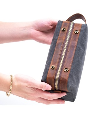 Gillario Design 06 Unisex Kanvas Kumaş+Deri Siyah-Taba Eskitme Dopp Kit