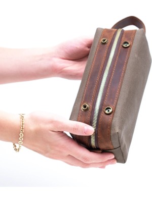 Gillario Design 06 Unisex Kanvas Kumaş+Deri Vizon-Taba Eskitme Dopp Kit